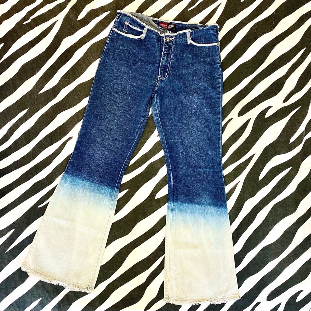 YOUNIQUE Y2K GLITTER FLARE BLEACH DIPPED BLUE JEANS SIZE 31